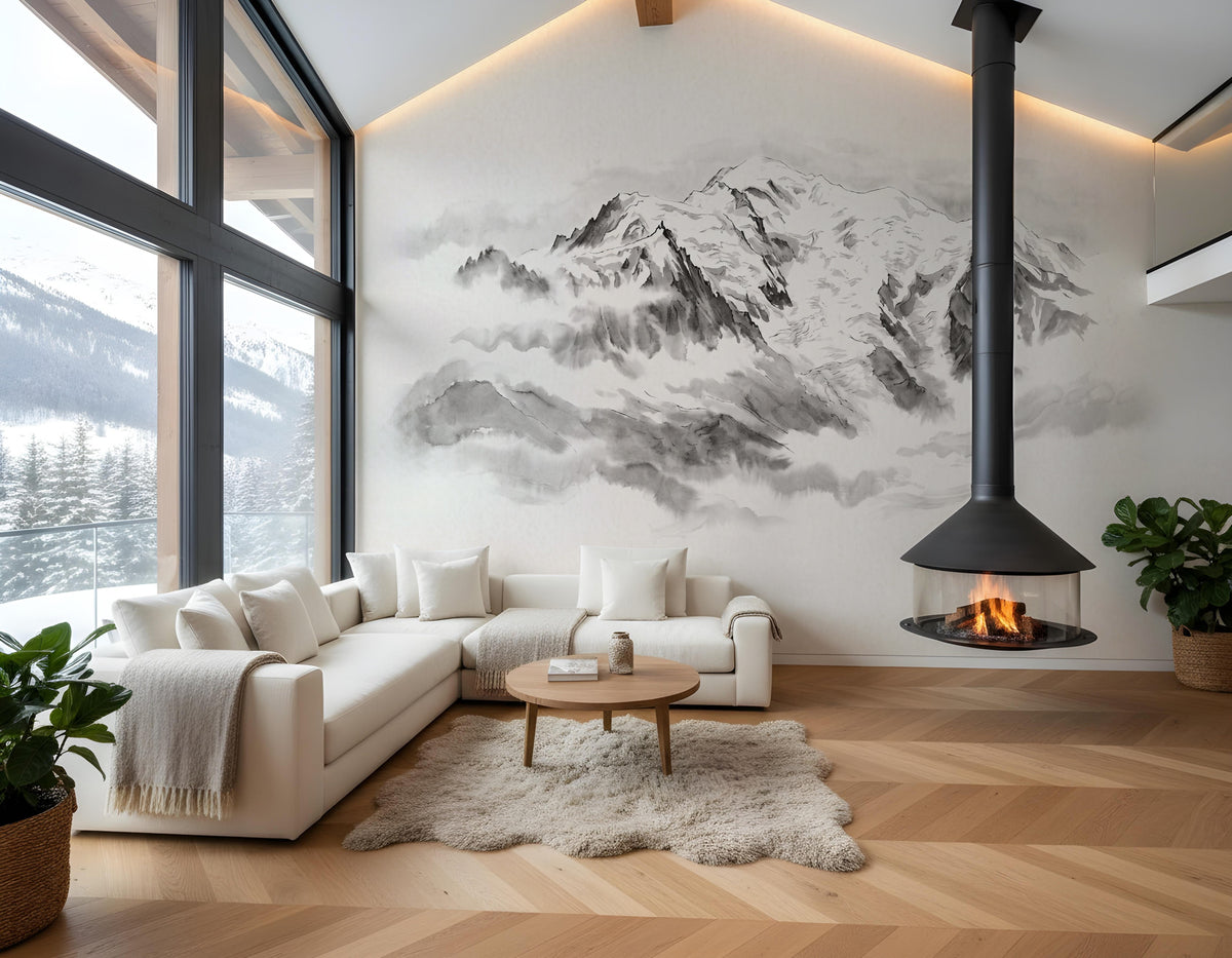 Panorama-Tapete „Mont Blanc“ in Tusche – nebelverhüllte Fresken