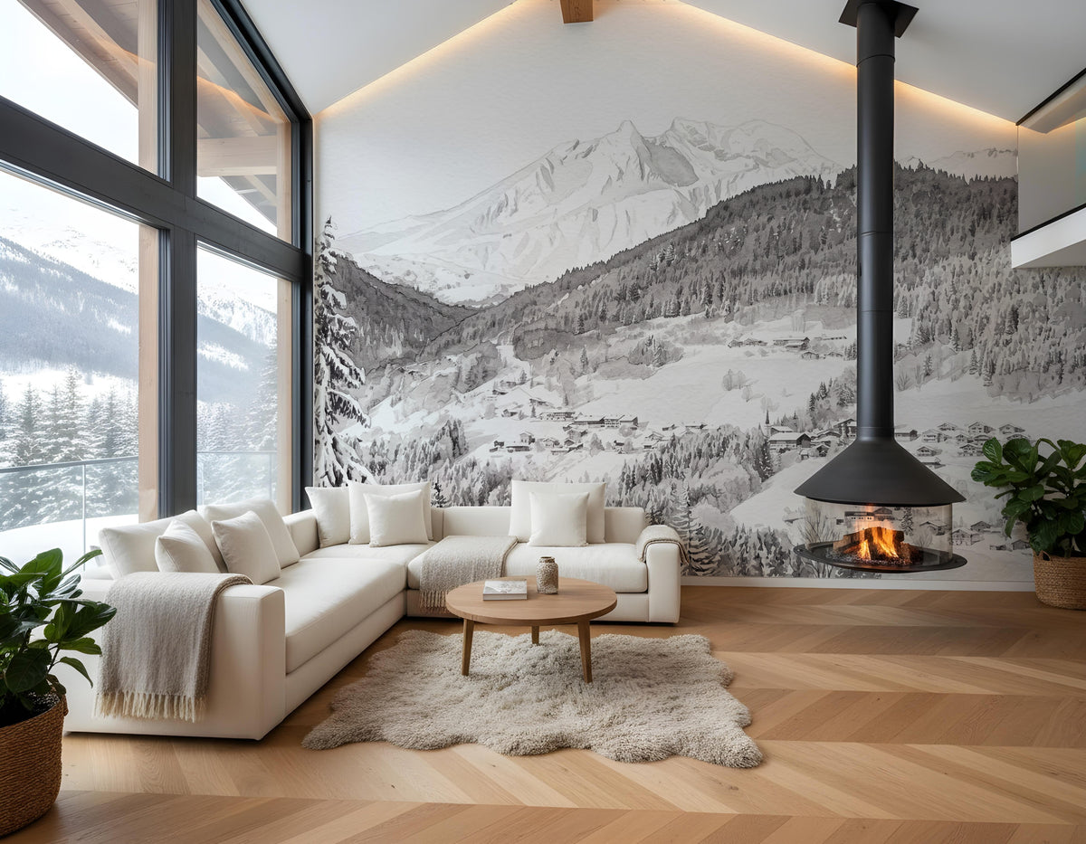 Panorama-Tapete „Morzine“ – Skifahren, Chalet, Berge
