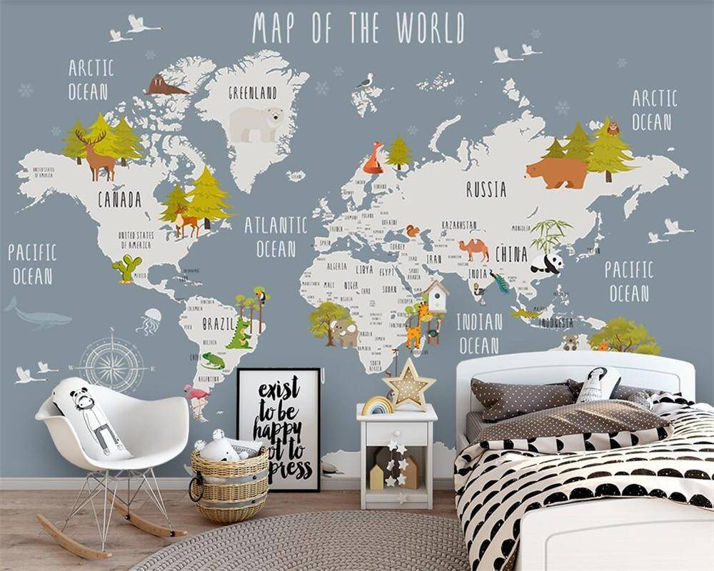 Papier peint Carte du monde illustrée Animaux gris, mural concept, tendance