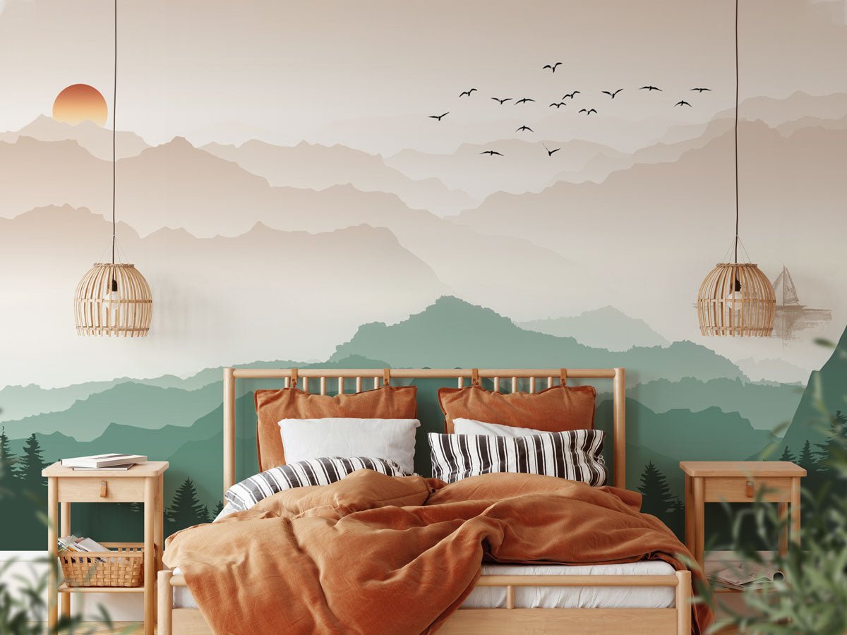Papier peint montagne dans brume terracotta, XXL, tendance