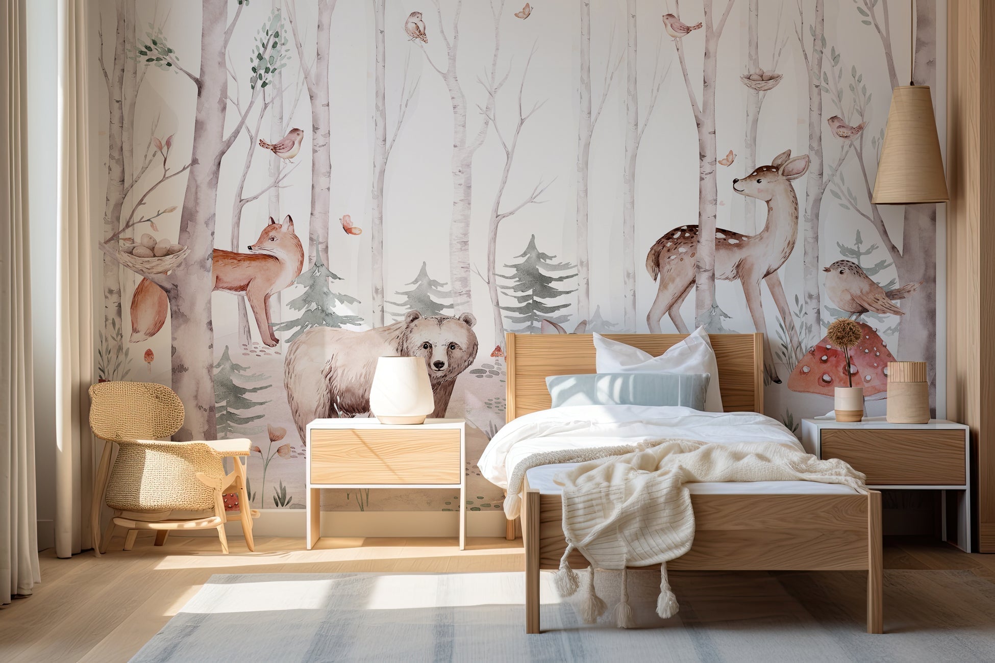 Papier peint aquarelle enfant animaux forêt - Muralconcept