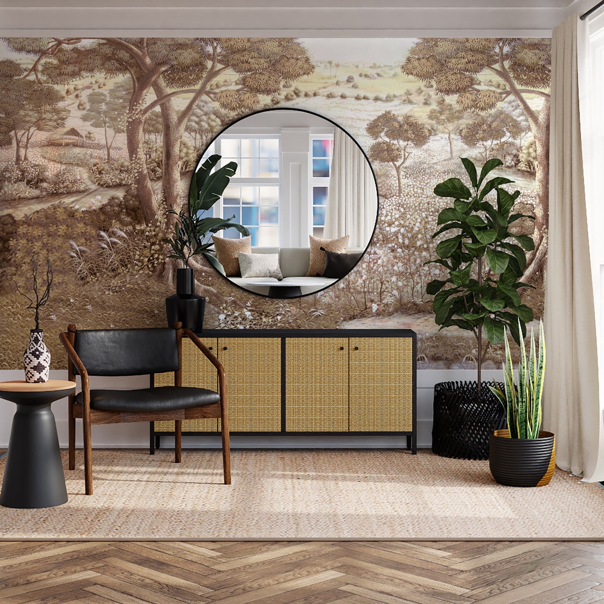 Papier peint campagne sépia, mural concept, tendance