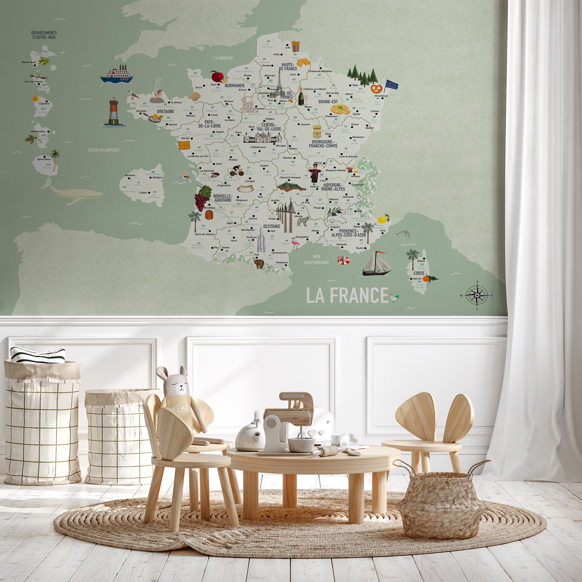 Papier peint carte de France enfant vert, mural concept, tendance