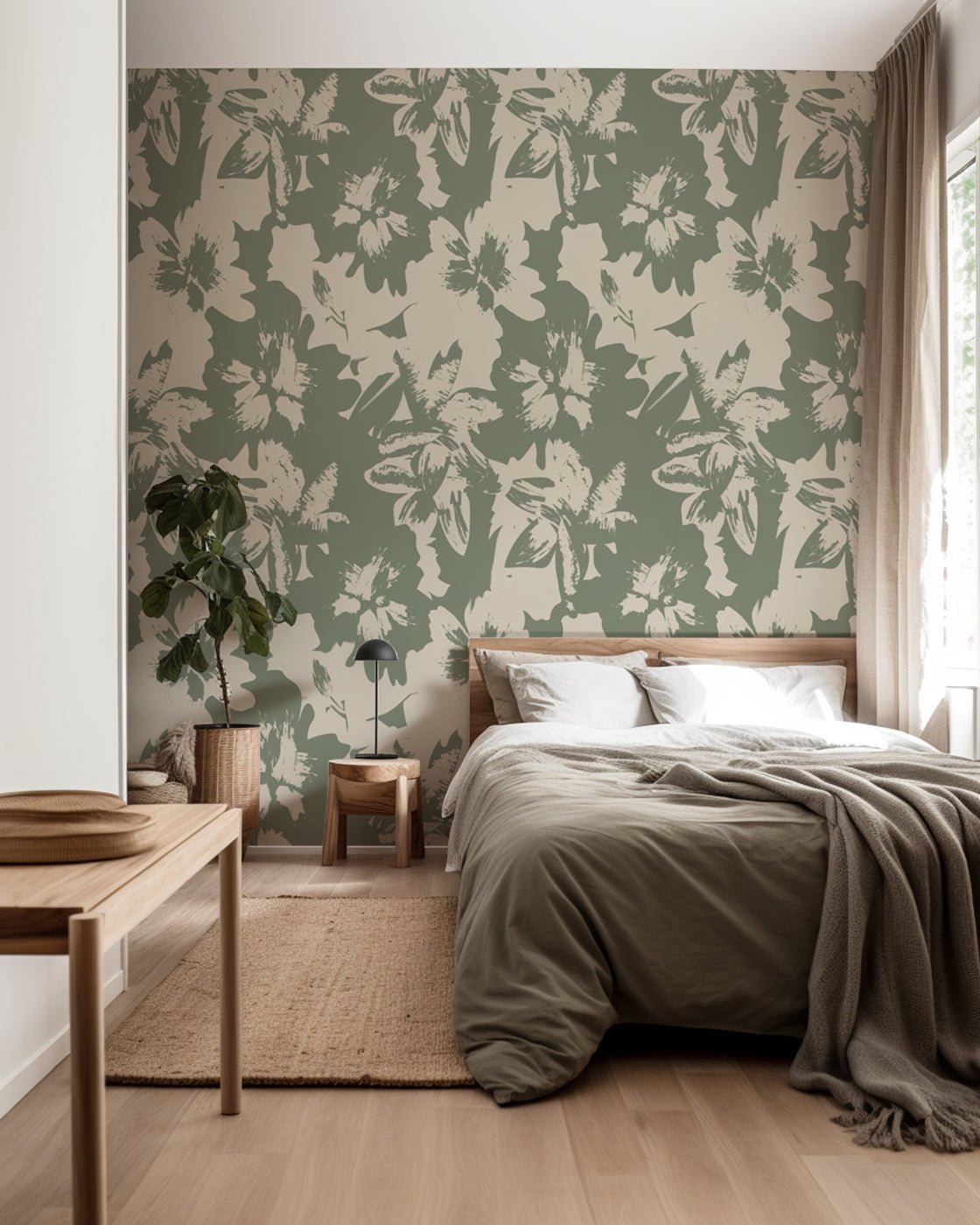 Papier peint motif floral vert sauge - Fresque Artistique contemporaine - Muralconcept