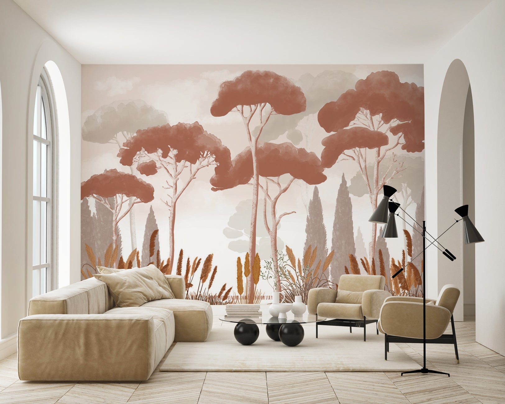 Papier peint cyprès pins et herbes de la pampa terracotta - Muralconcept