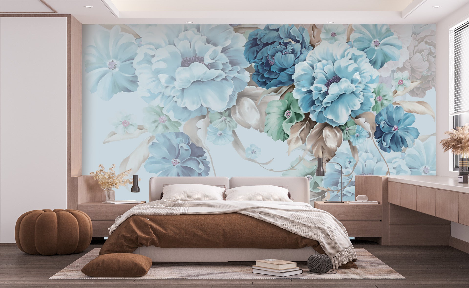 Papier peint fleurs bleues, mural concept, tendance