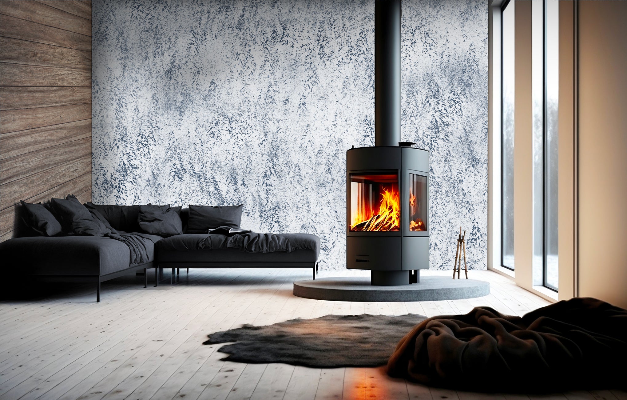 Papier peint forêt brumeuse Alpine design, mural concept, tendance