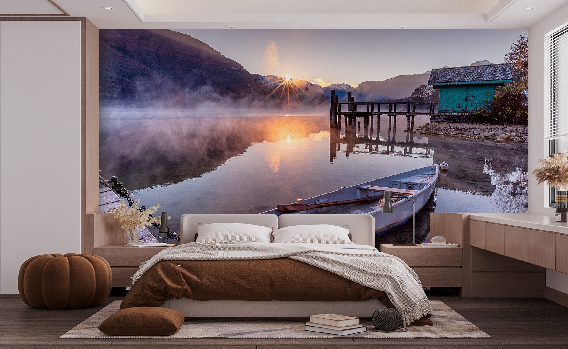 Papier peint la petite barque du bout du lac - panoramique français