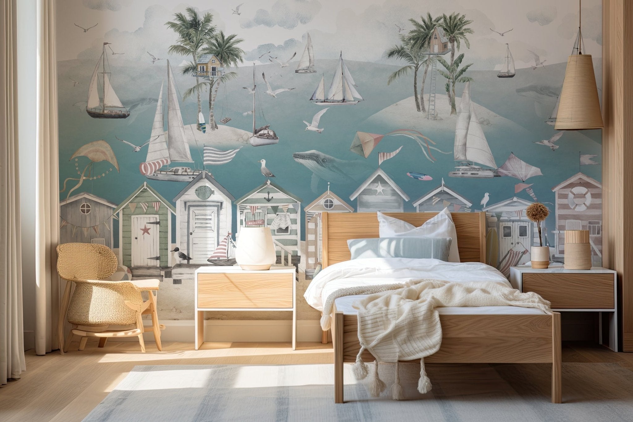 Papier peint bleu pastel pour chambre d’enfant thème mer