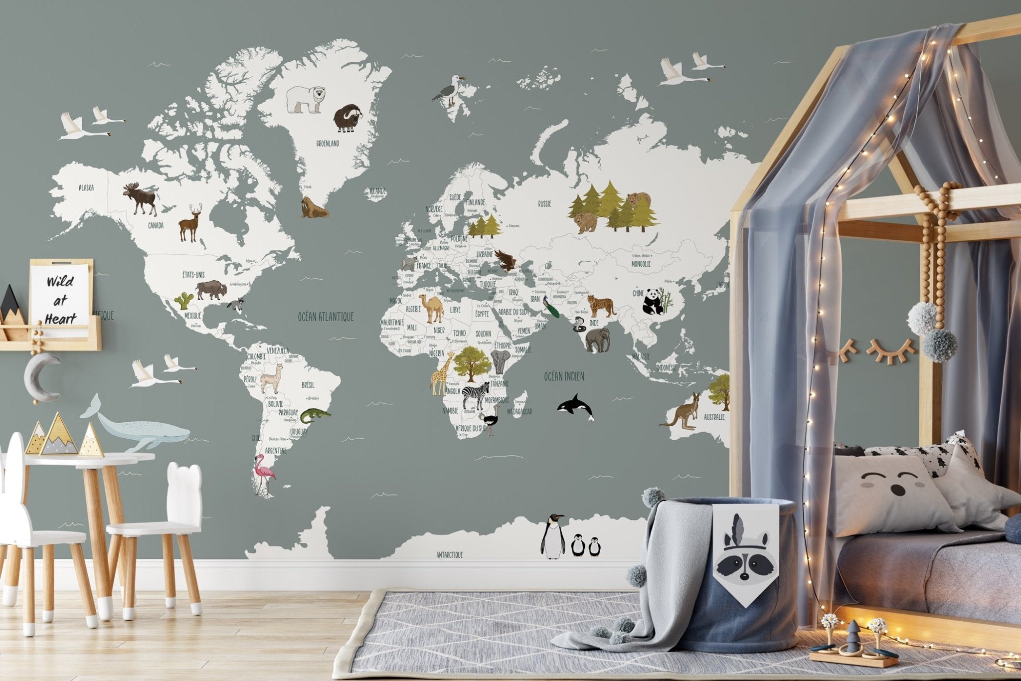 Papier peint Carte du monde en Francais enfant gris, mural concept, tendance