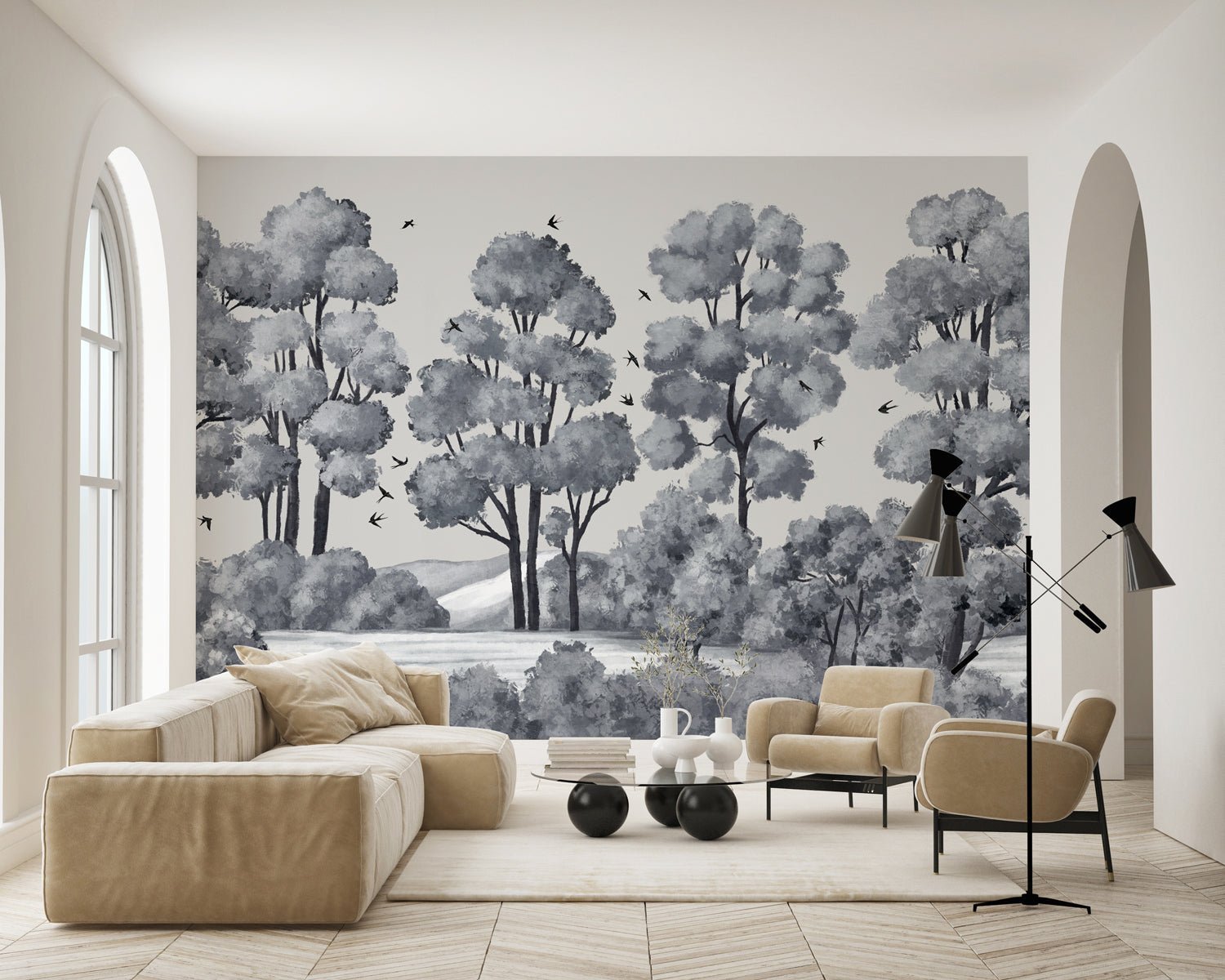 Papier peint paysage rivière forêt gris, XXL, tendance