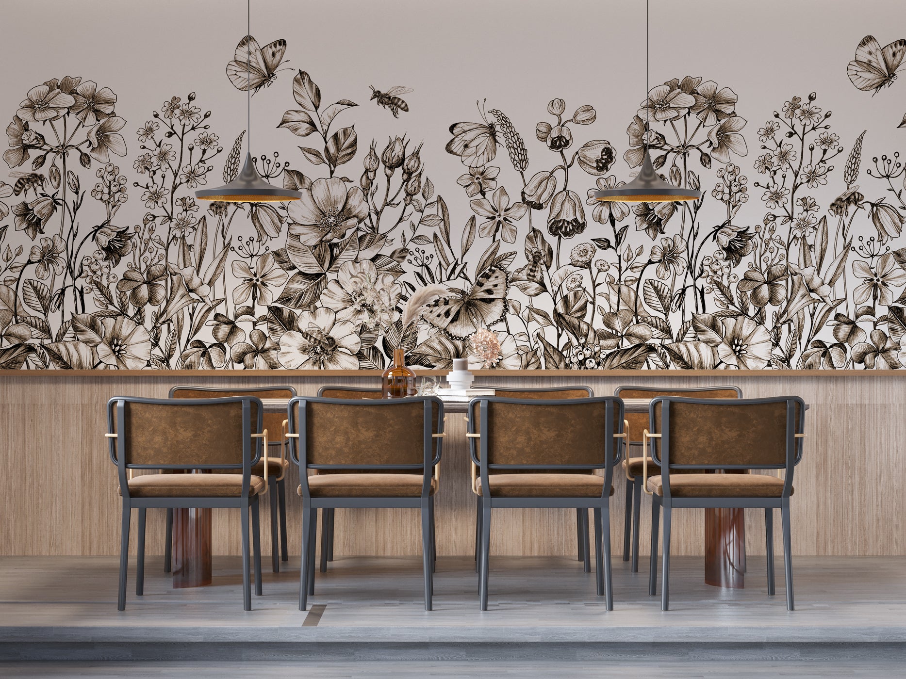 Papier peint restaurant champetre fleur sépia - panoramique français