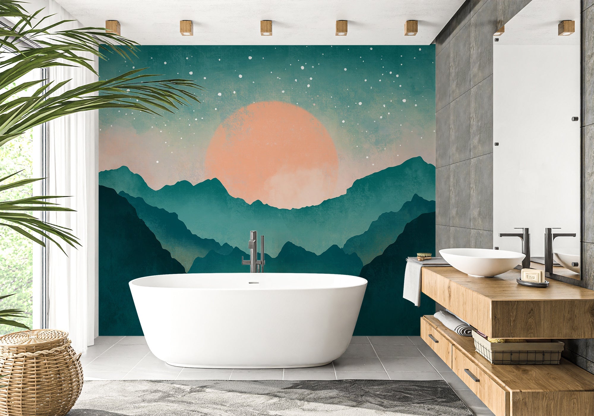 Papier peint salle de bain montagne brume turquoise - Muralconcept