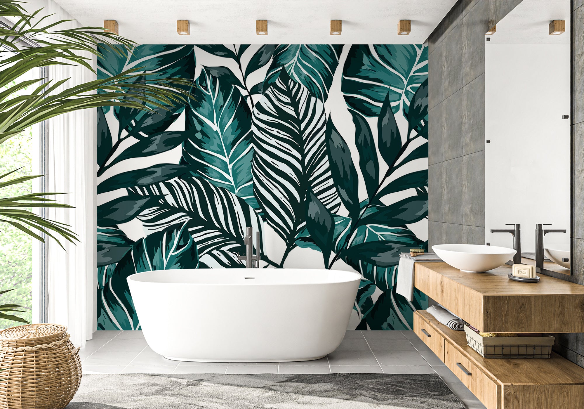 Papier peint salle de bain intissé Feuille couleur Bleu Paon, mural concept, tendance