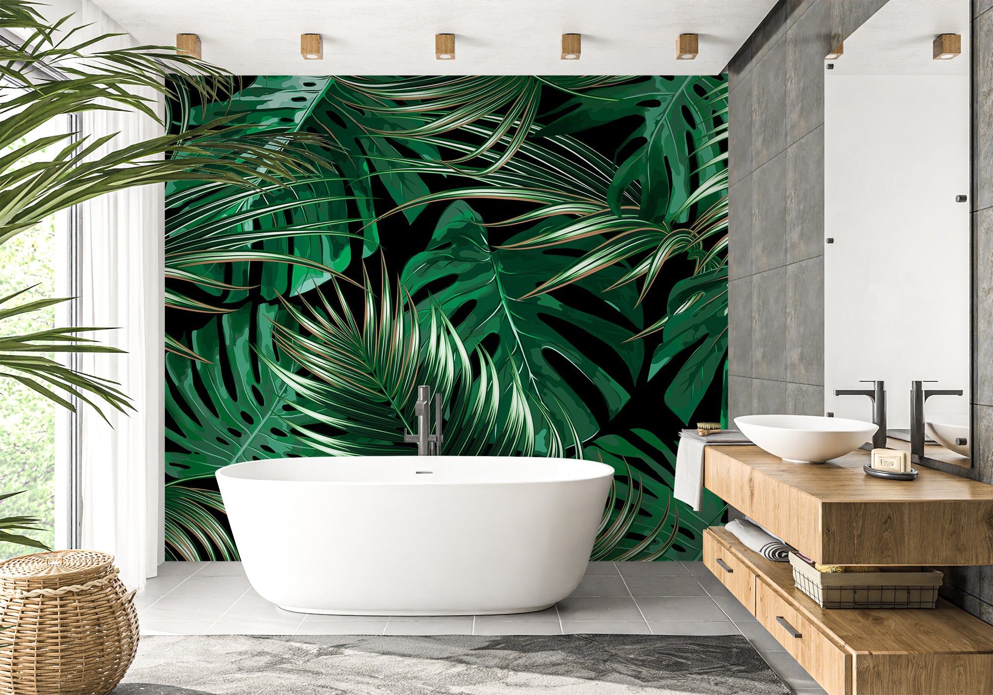Papier peint salle de bain intissé grandes feuilles vertes, mural concept, tendance