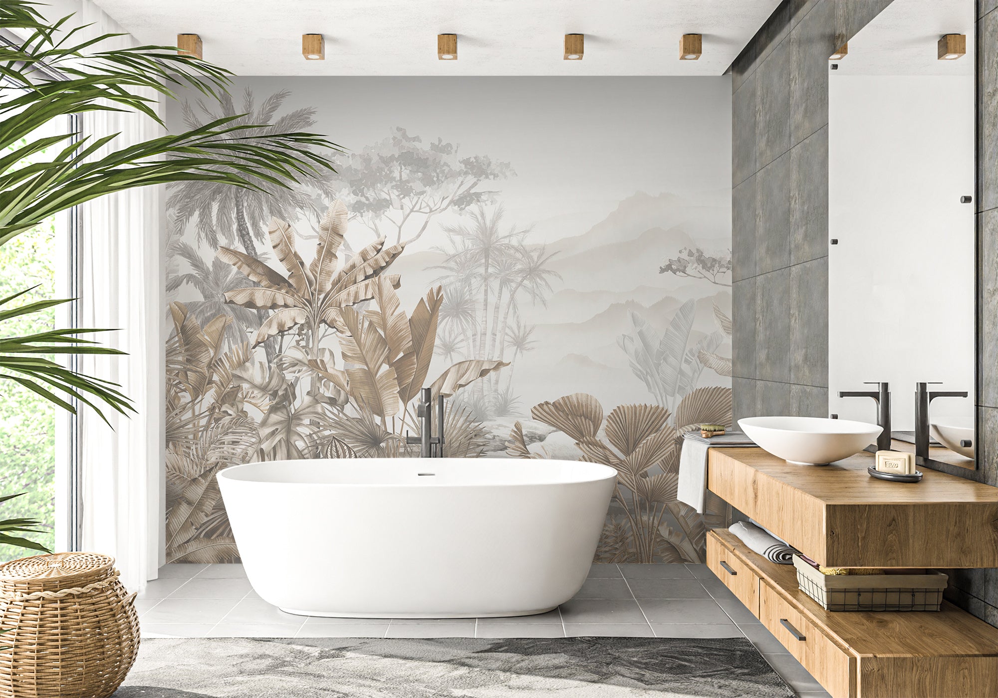 Papier peint salle de bain tendance tropical sépia, mural concept, tendance