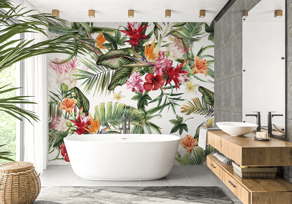 Tropical Badezimmer Tapete und farbenfrohe Blumen