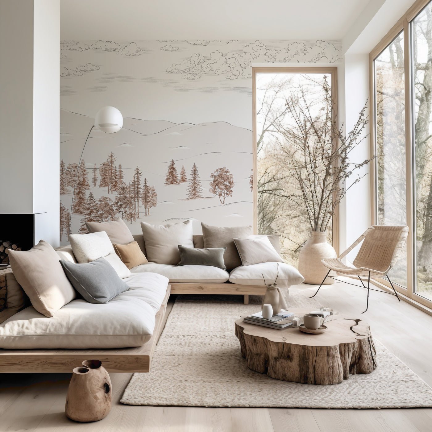 Papier peint esquisse de Cimes sépia, mural concept, tendance