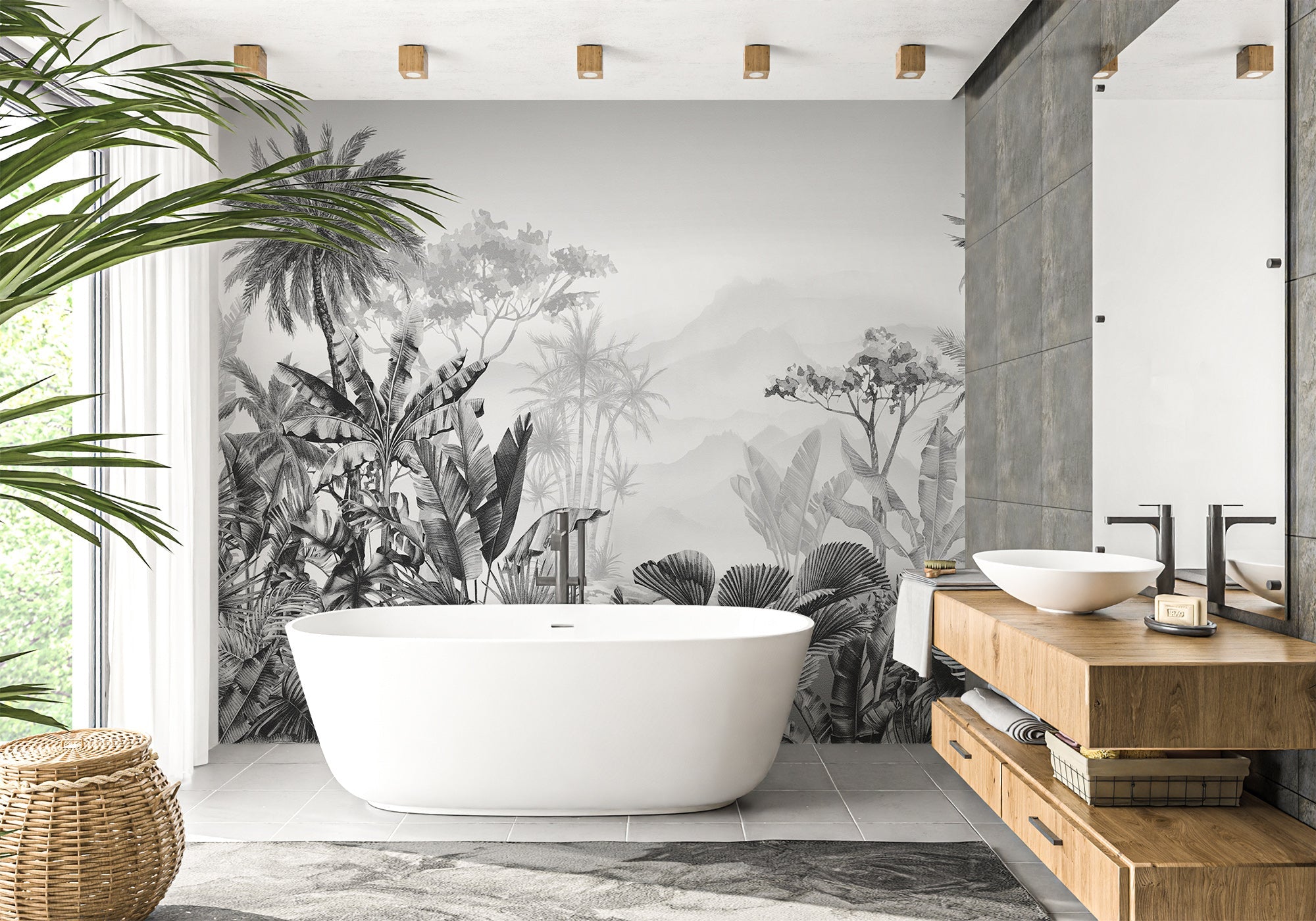 Papier peint salle de bain tendance tropical noir et blanc, XXL, tendance