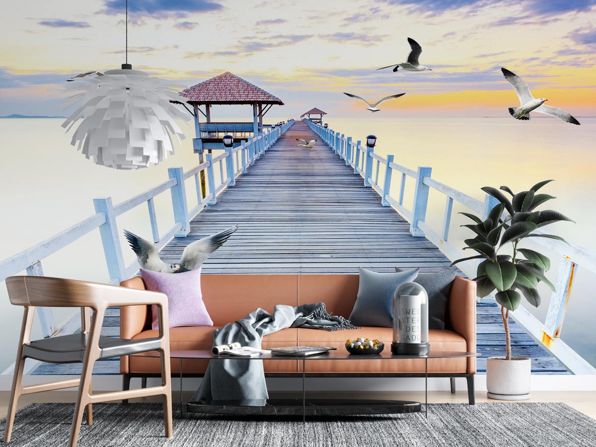 Papier peint trompe l’œil Ponton vue sur mer - Muralconcept