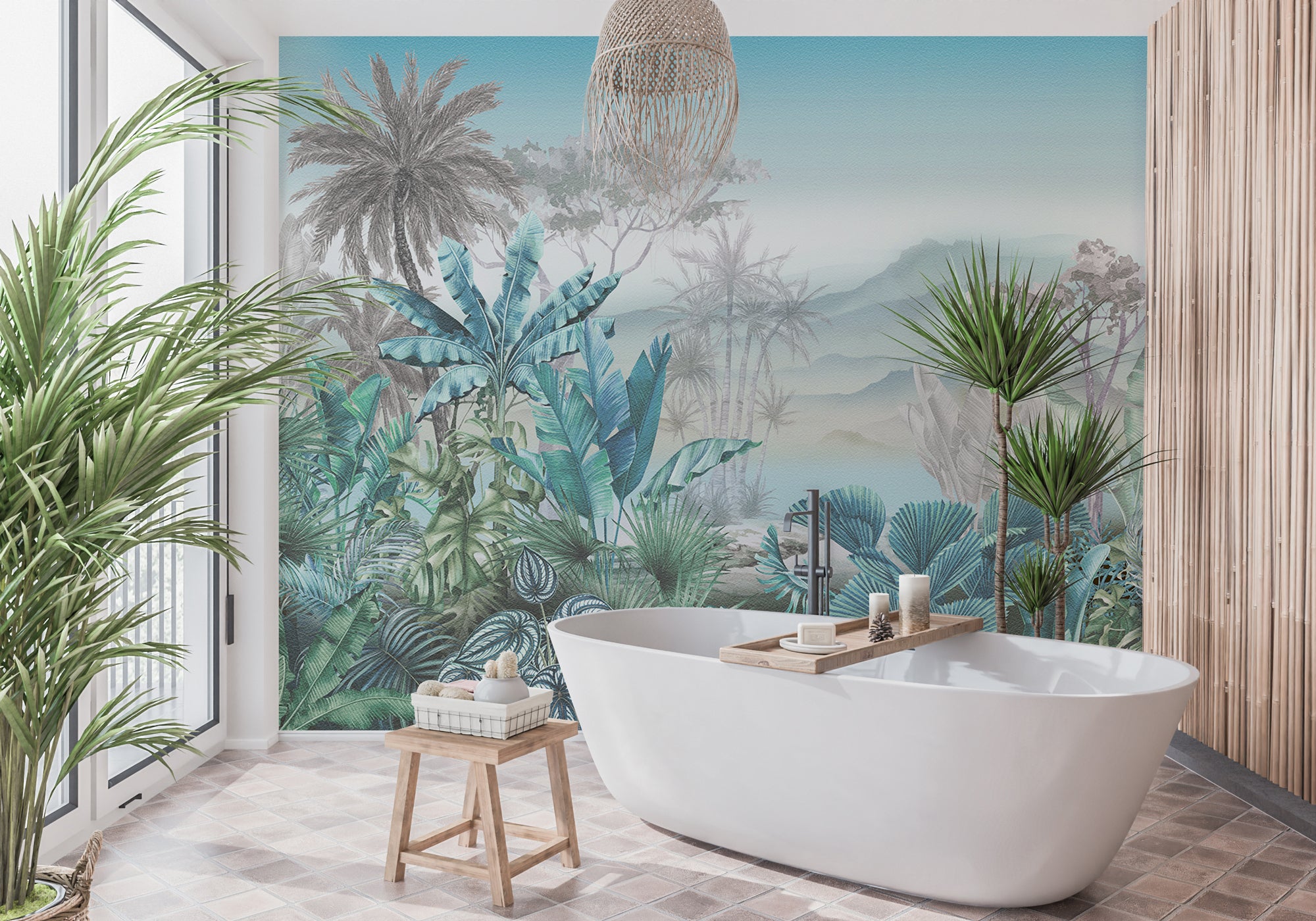 Papier peint tendance tropical bleu, mural concept, tendance
