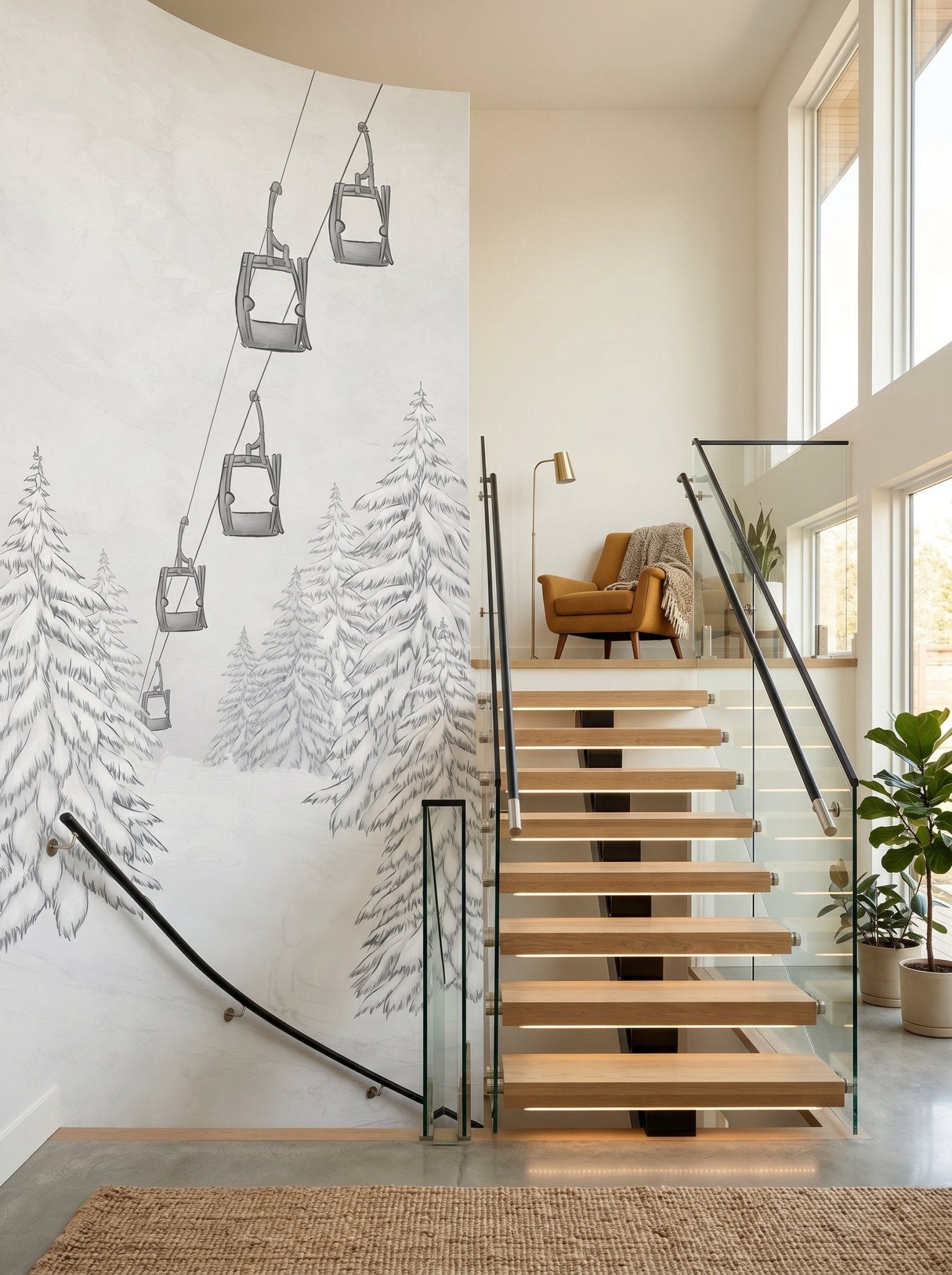 Papier peint  Escalier - Télécabines noir et blanc - Muralconcept