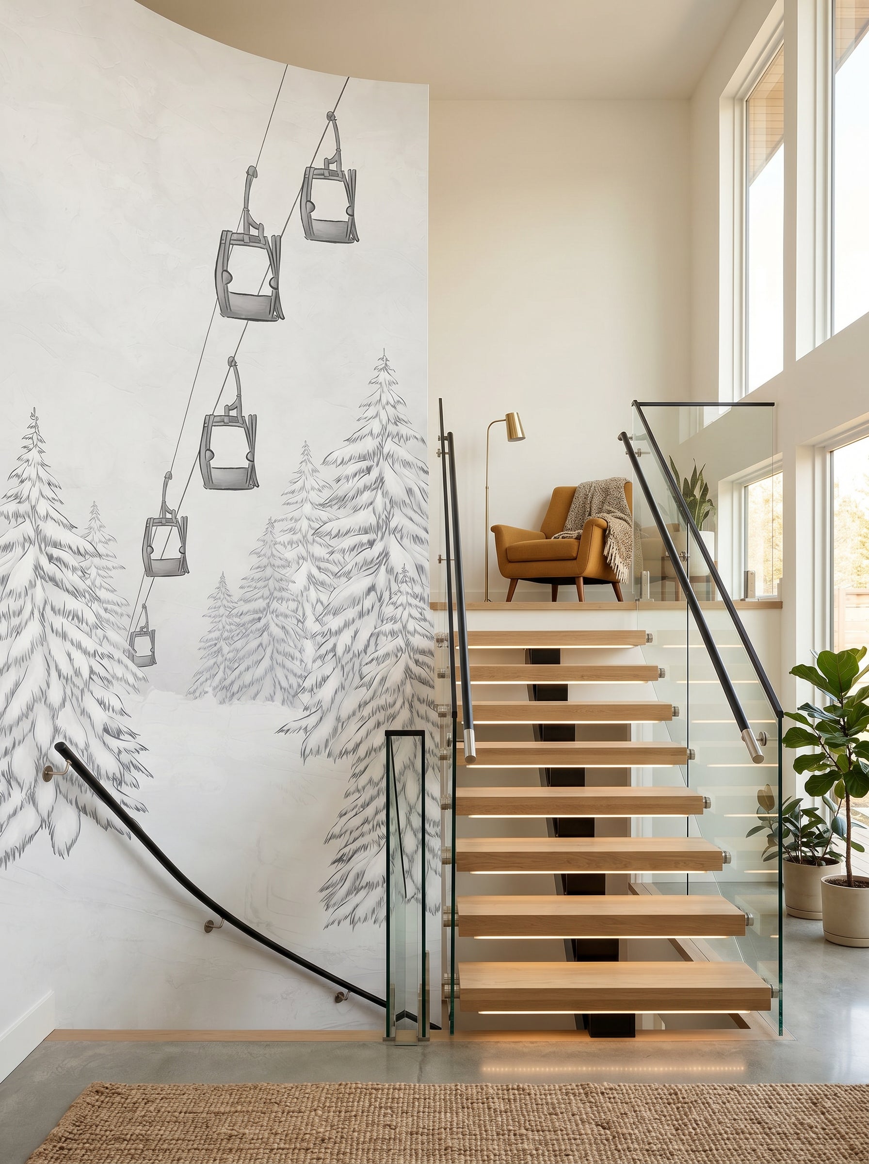 Papier peint  Escalier - Télécabines noir et blanc - Muralconcept