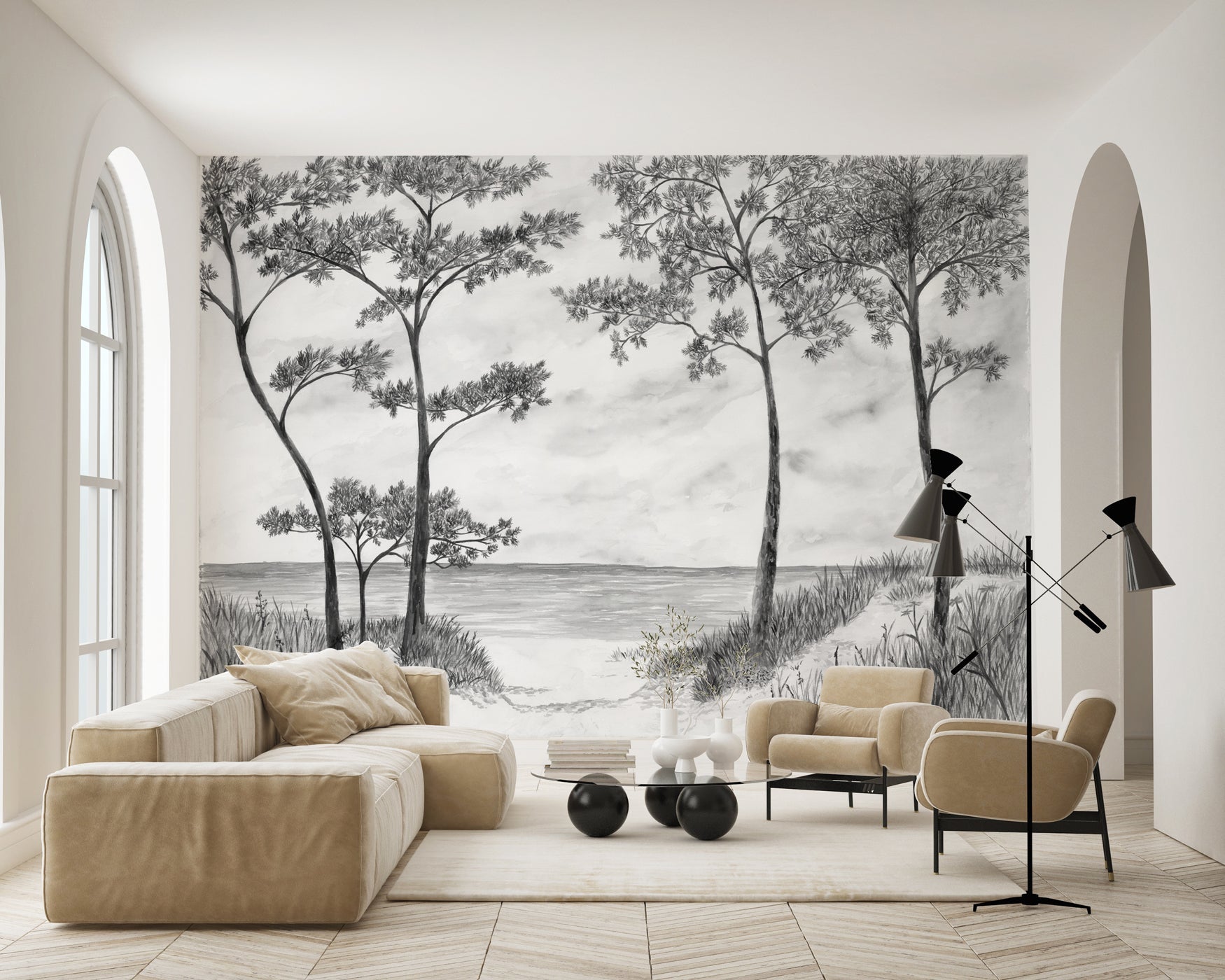 Papier peint Pins maritimes et dunes - Noir et blanc - Muralconcept