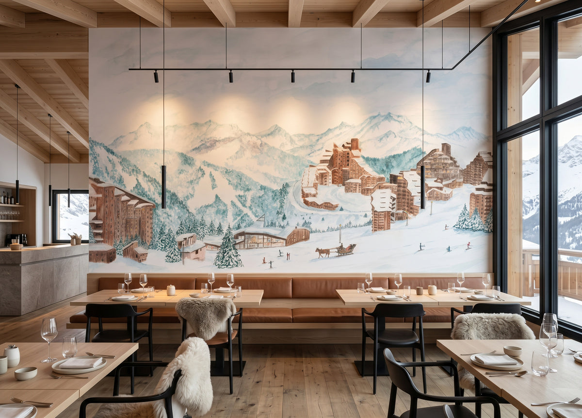 Panorama-Tapete „Avoriaz“ – Skifahren, Pferdekutsche, Berge in Aquarelltechnik