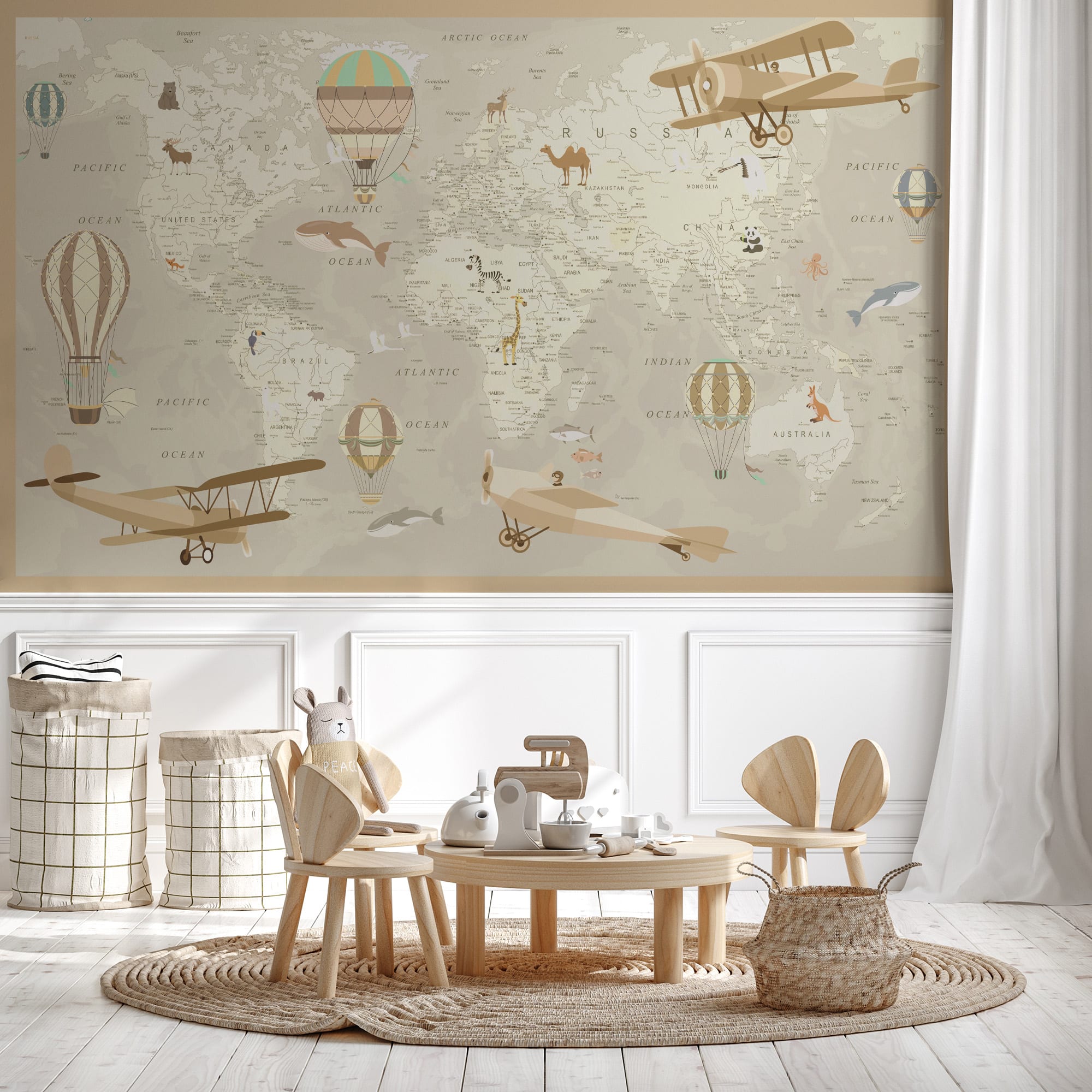 Papier peint enfant carte du monde aviateur, mural concept, tendance
