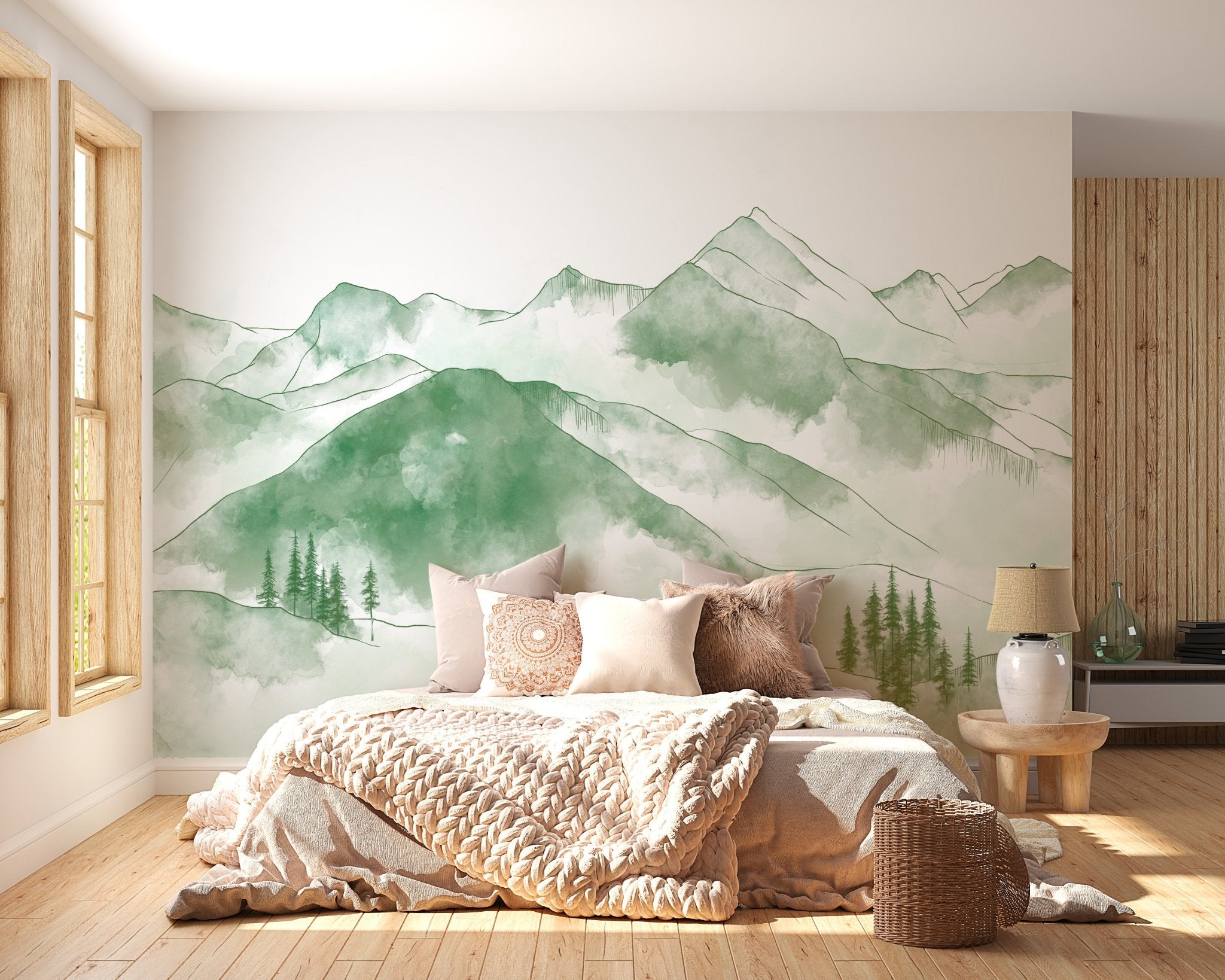 Papier peint montagne chaine des Aravis vert forêt, mural concept, tendance