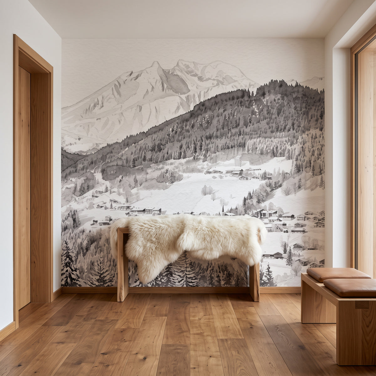 Panorama-Tapete „Morzine“ – Skifahren, Chalet, Berge