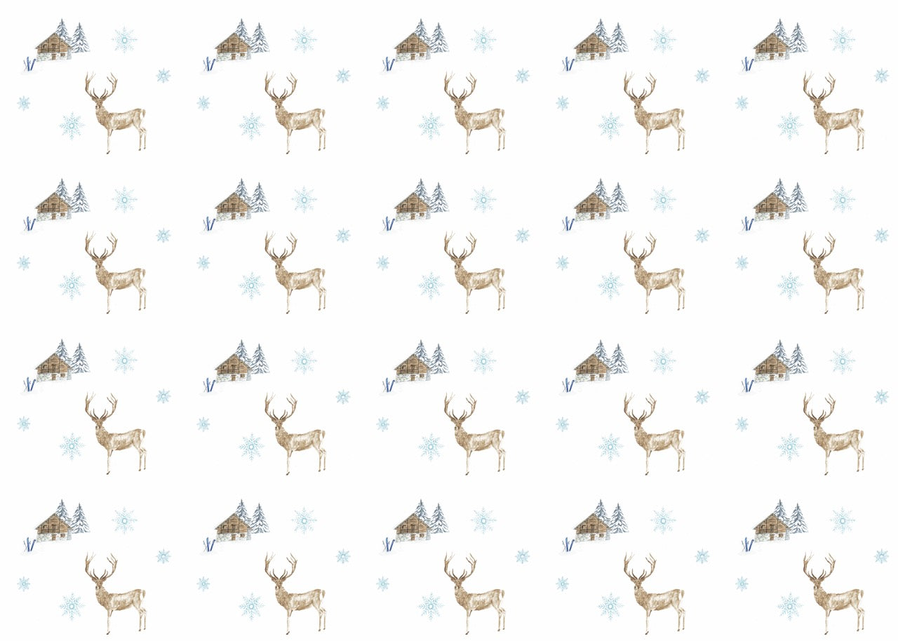 Papier peint motif montagne – Cerfs, chalets et flocons