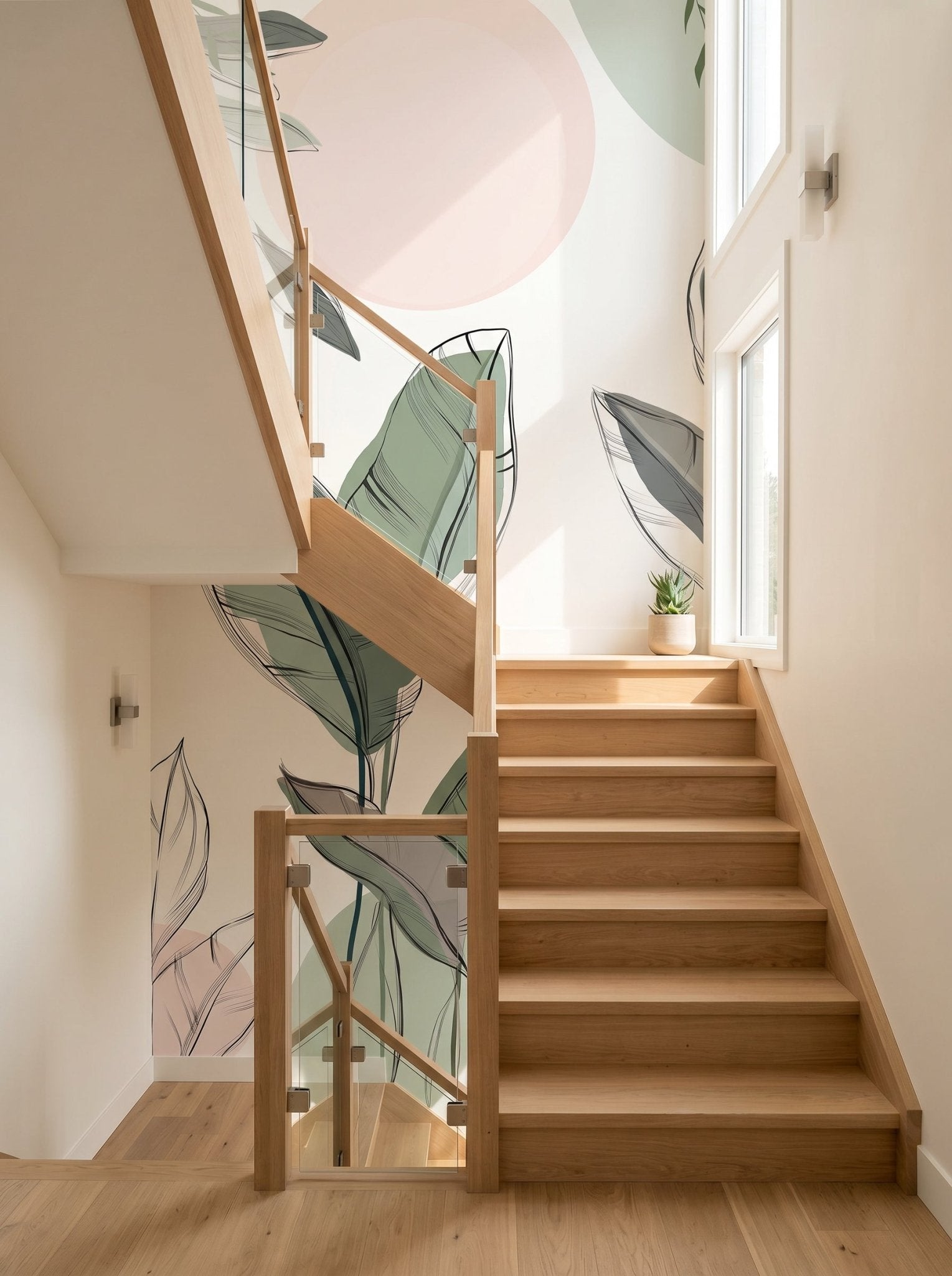 Papier peint escalier - Végétal graphique vert - Muralconcept