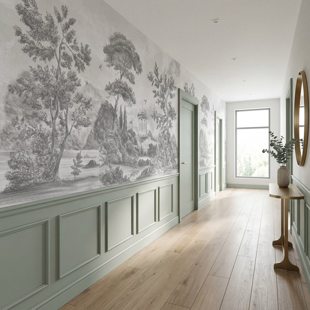 Papier peint panoramique Villa Borghese Rome – Gravure noir et blanc pins italiens - Muralconcept