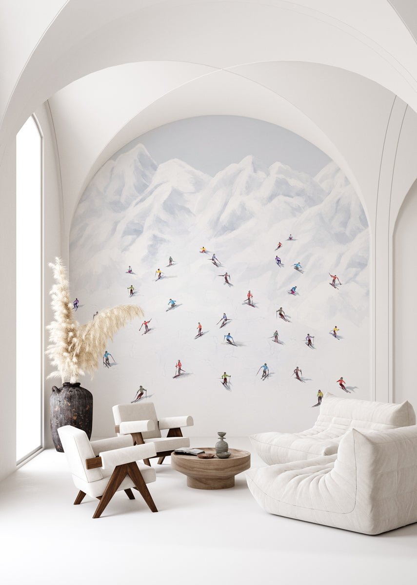Papier peint montagne skieurs colorés, mural concept, tendance