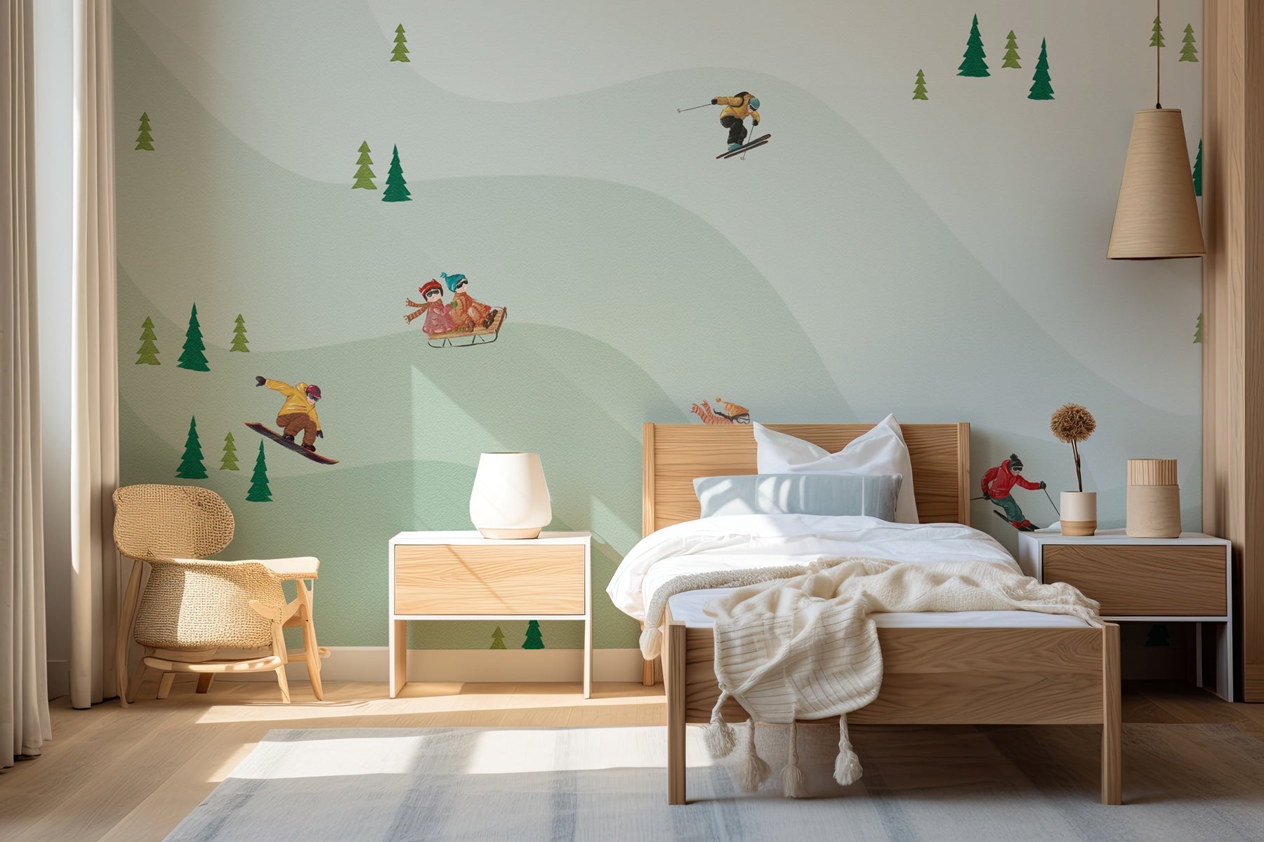 Papier peint enfant skieurs vert - Muralconcept