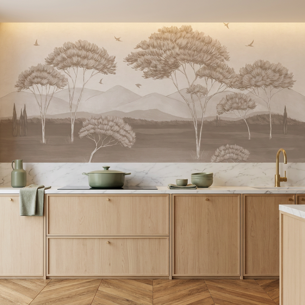 Panorama-Tapete – „Les Pins de Provence“ in antikem Sepia