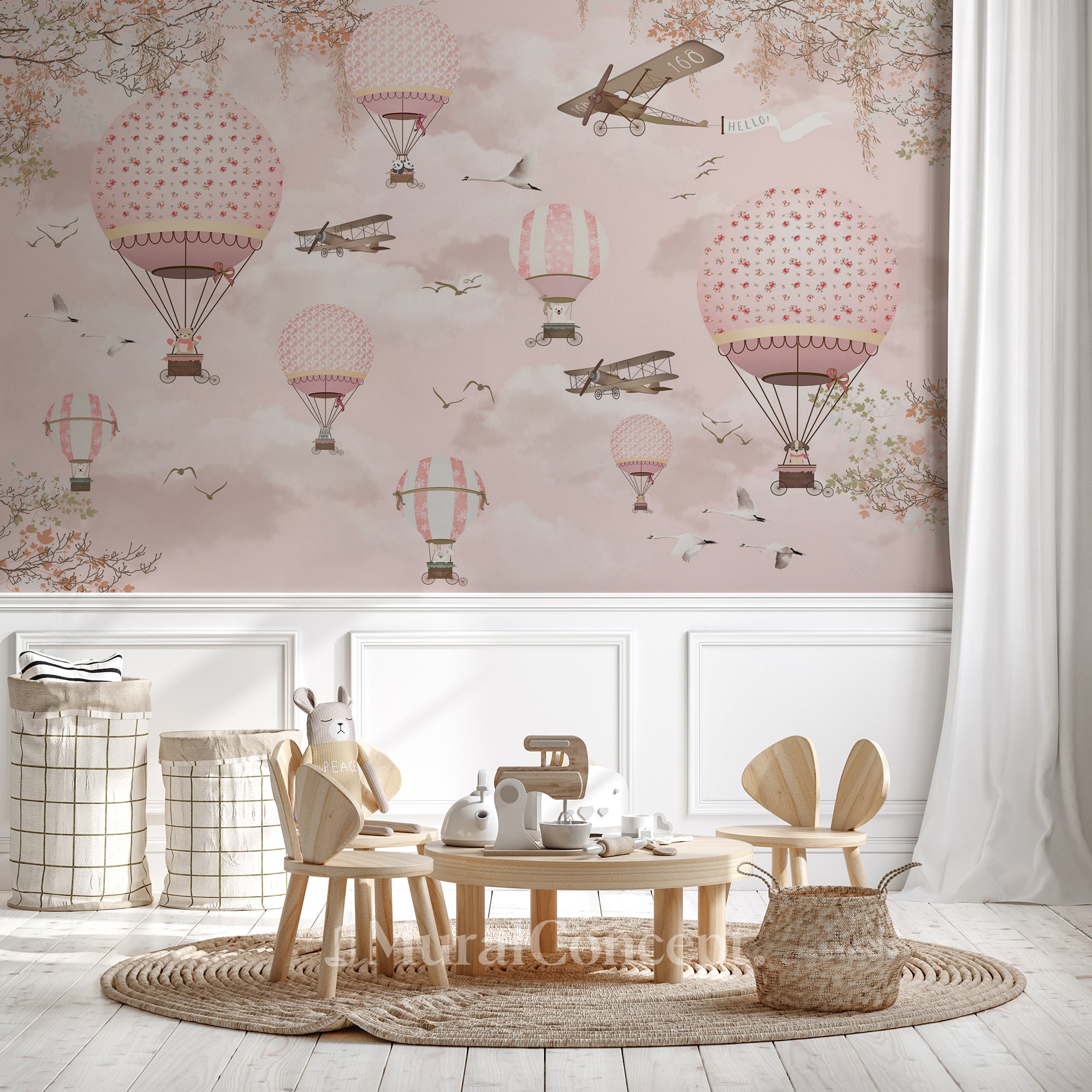 Papier peint les animaux en Montgolfière rose pêche - décor mural français