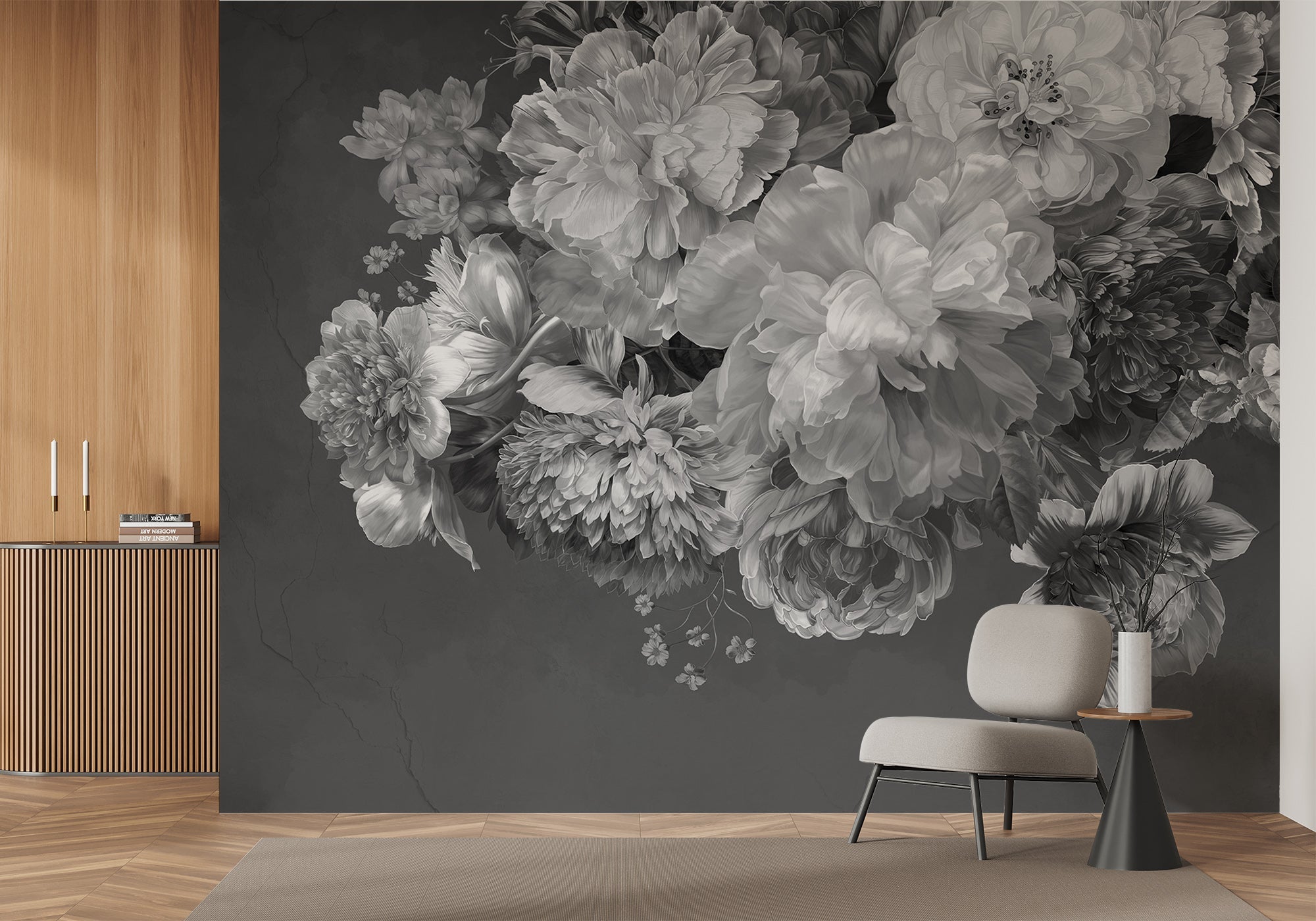 Papier peint fleur pivoine noir et blanc - papier peint sur mesure francais - muralconcept