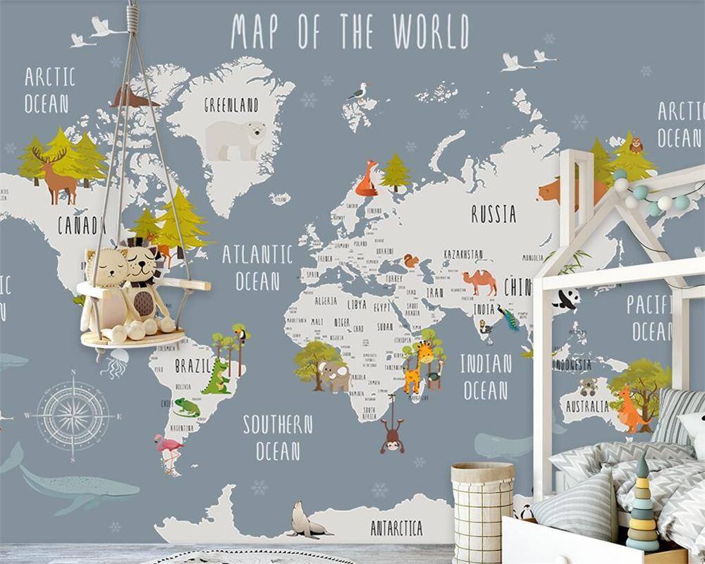 Papier peint Carte du monde illustrée Animaux - papier peint sur mesure francais - muralconcept