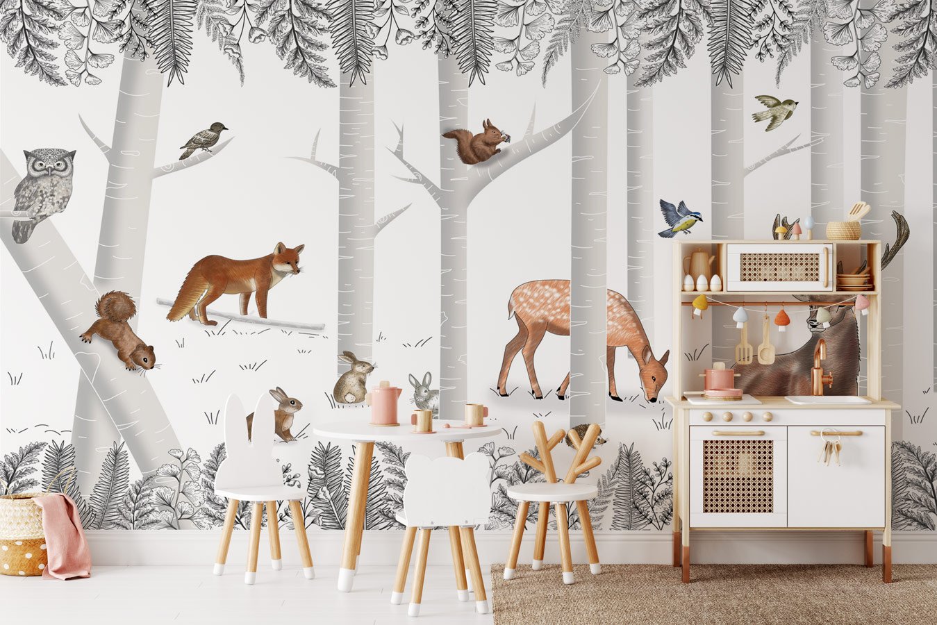 Papier peint bois enchanté et ses animaux - papier peint sur mesure francais - muralconcept