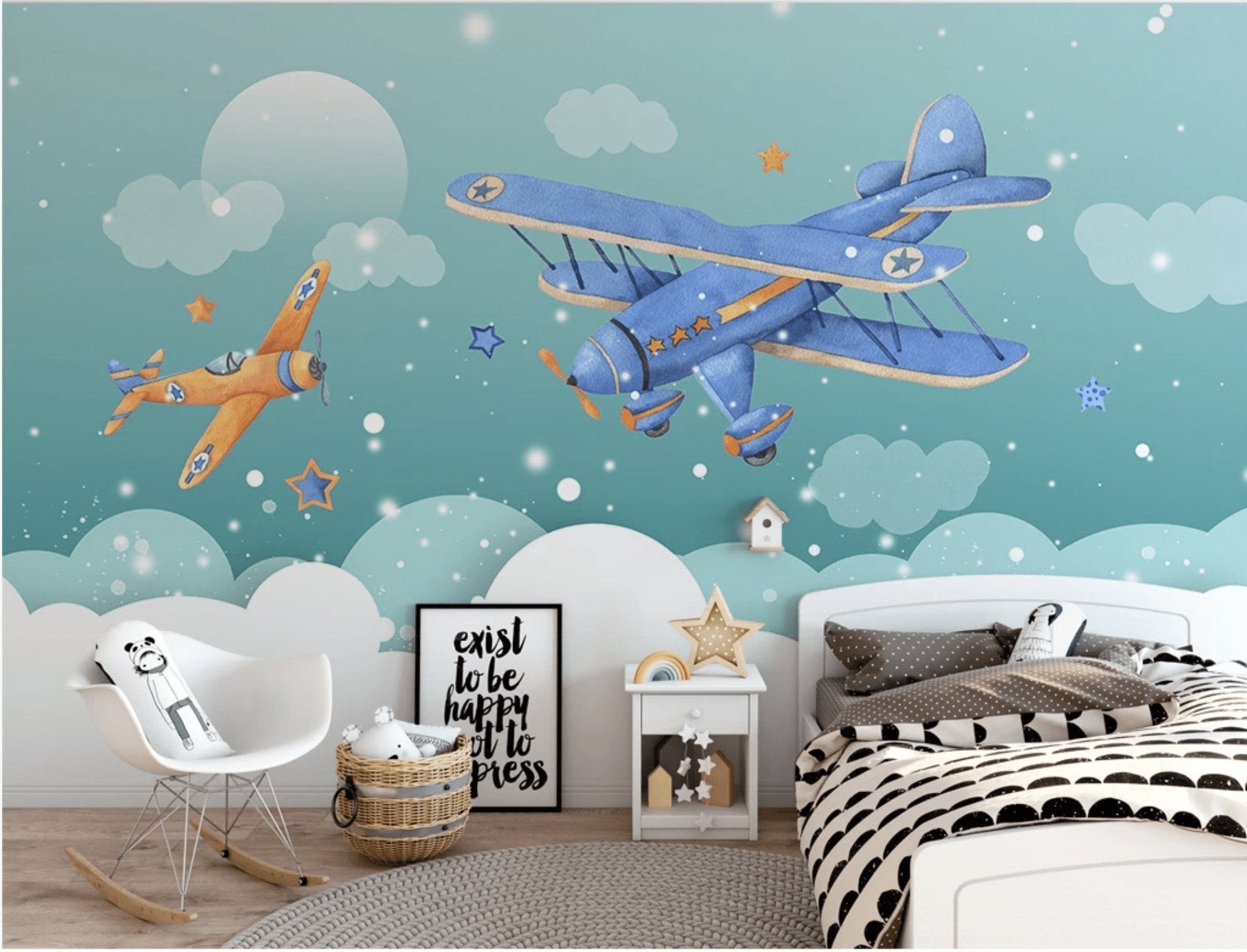 Papier peint chambre enfant avion neige - papier peint sur mesure francais - muralconcept