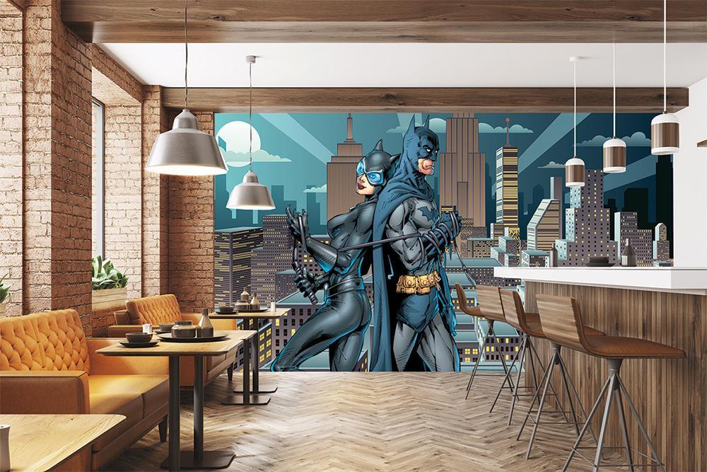 Batman Catwoman Panoramic Tapete zusammen in der Stadt