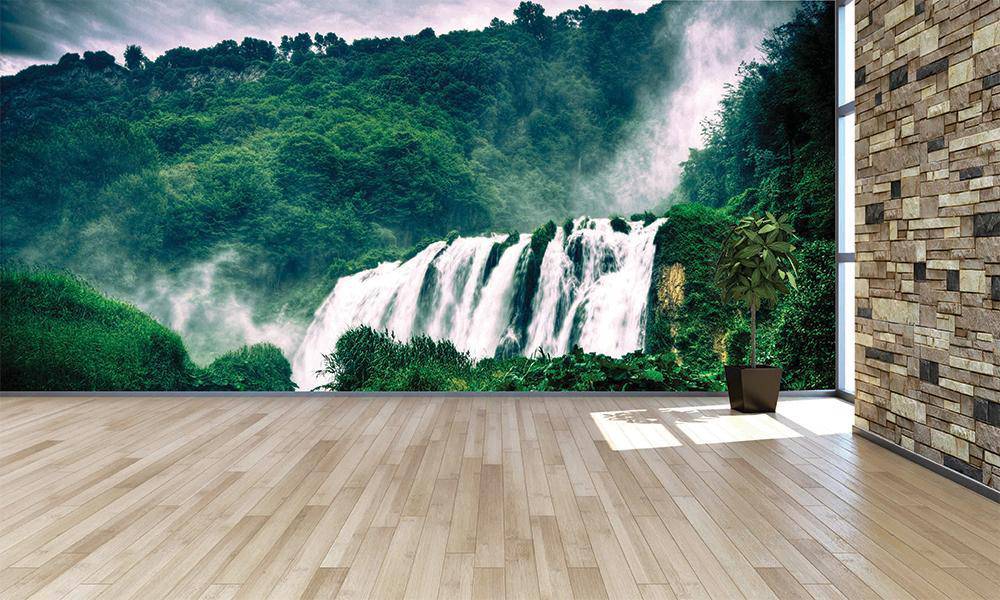 Papier peint panoramique cascade brumeuse - papier peint sur mesure francais - muralconcept