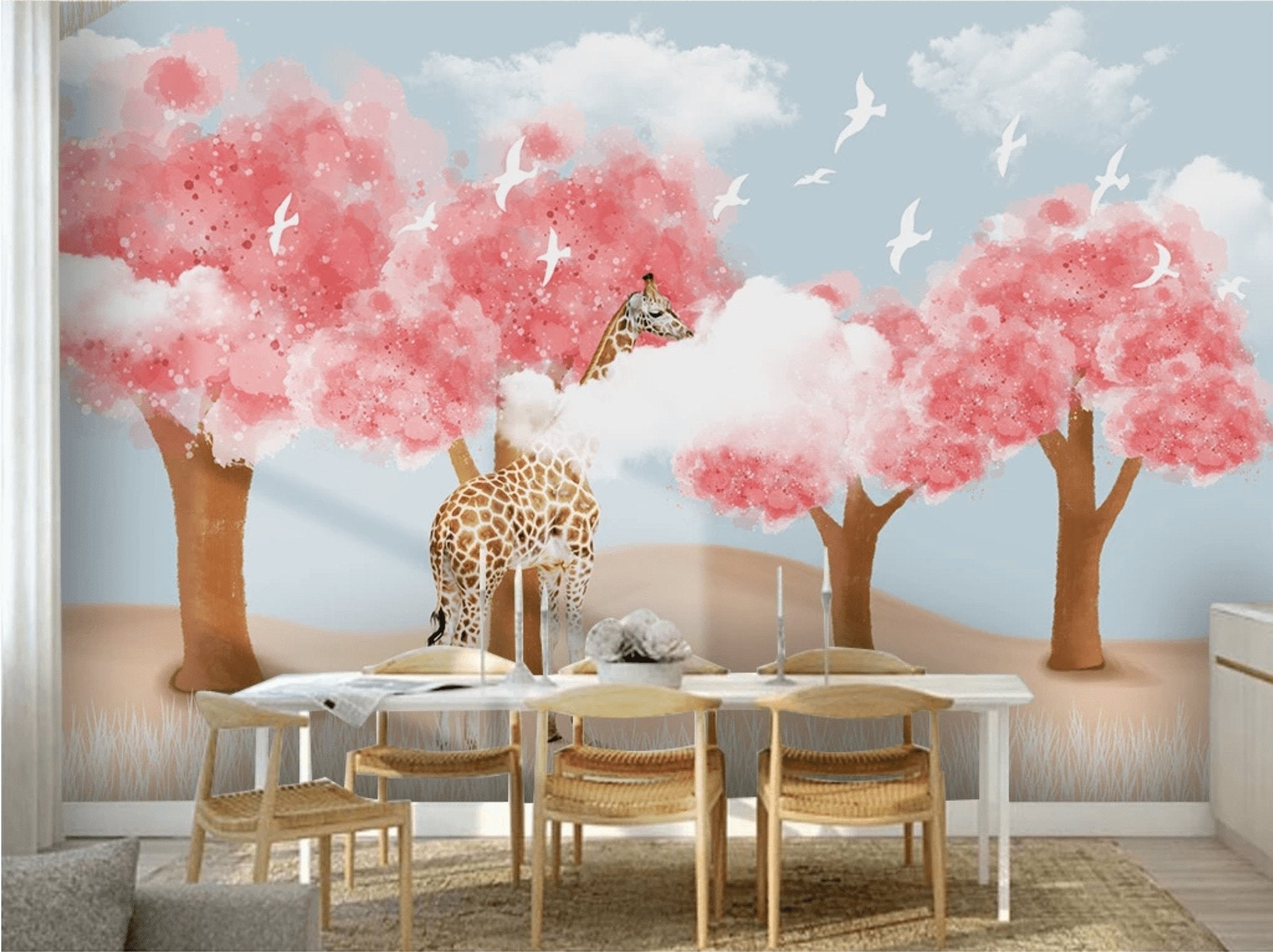 Papier peint panoramique enfant scandinave Girafe & Arbres - papier peint sur mesure francais - muralconcept