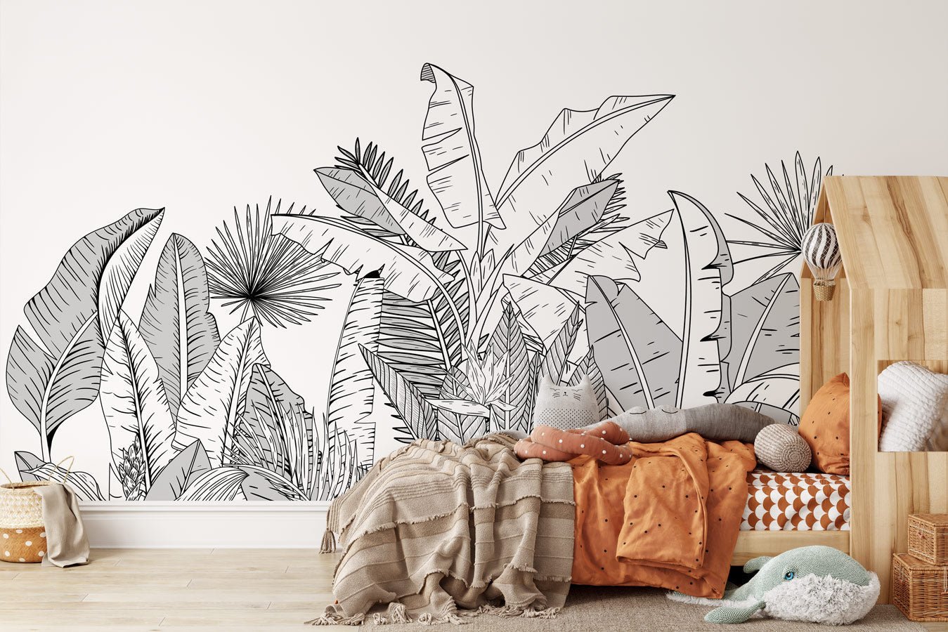 Papier peint panoramique  noir et blanc botanic leaf - papier peint sur mesure francais - muralconcept