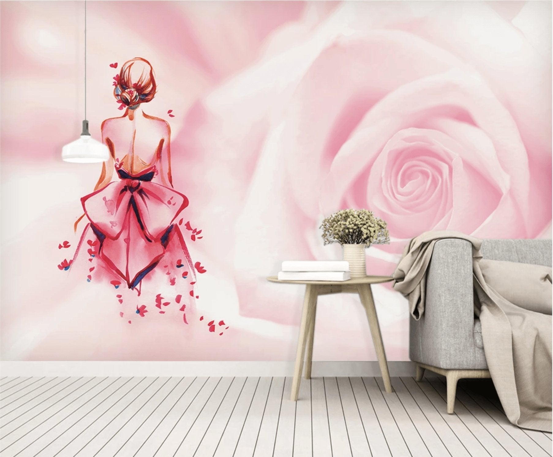 Papier peint panoramique romantique rose floral - papier peint sur mesure francais - muralconcept