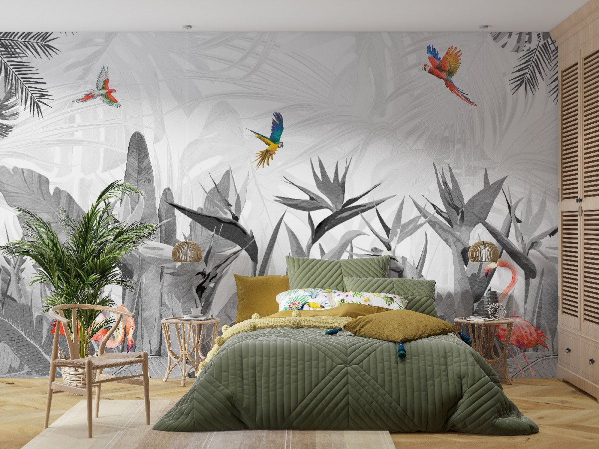 Papier peint noir et blanc oiseau du paradis - papier peint sur mesure francais - muralconcept