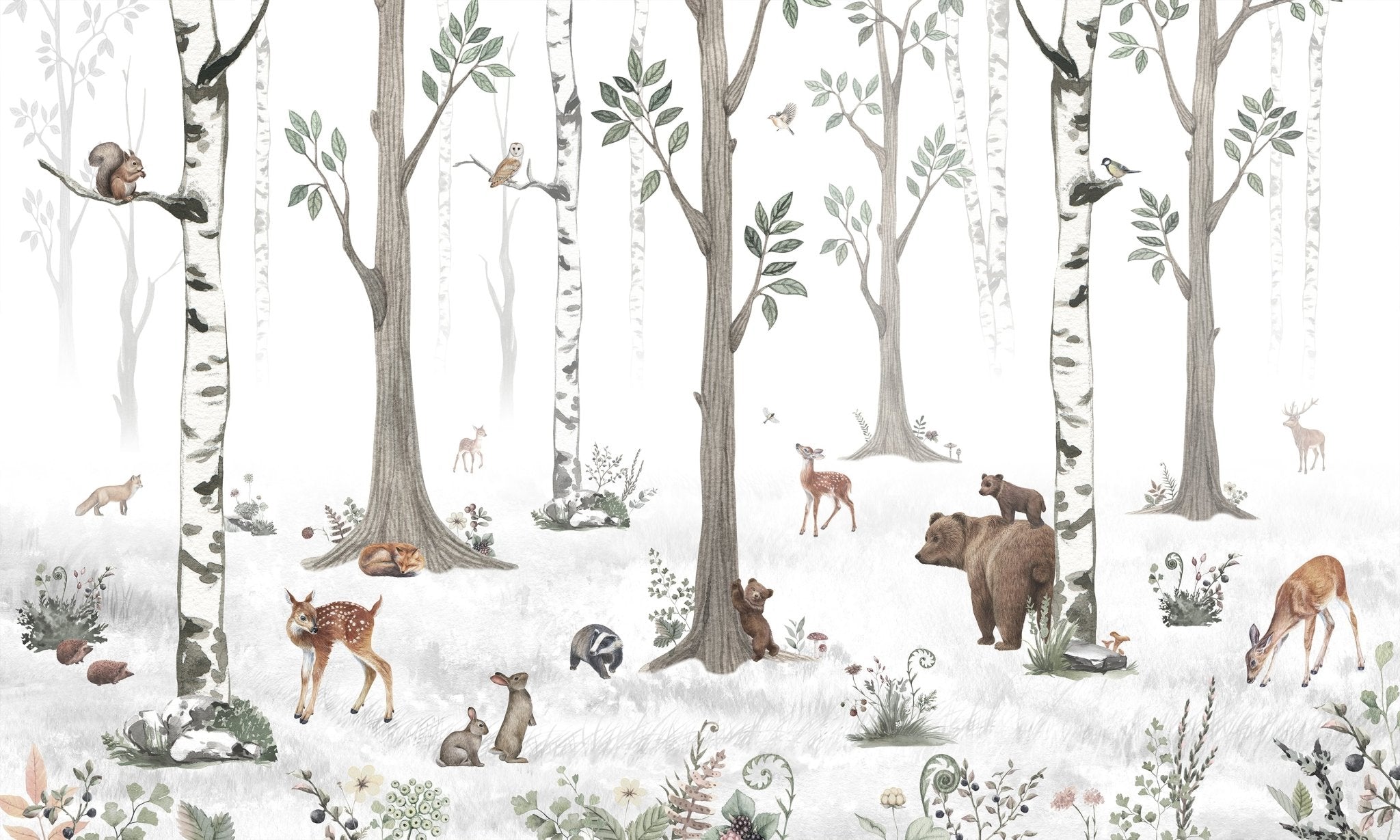Papier peint animaux printemps forêt, mural concept, tendance